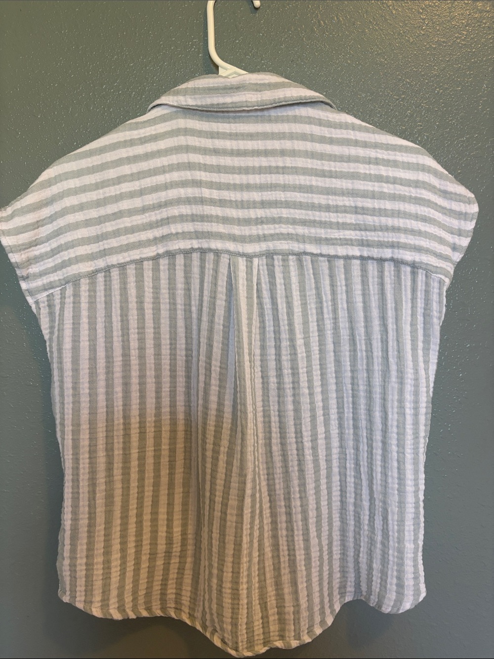 100% Cotton | Pale Green and White Striped Button-Down | Gauze Top - Picture 12 of 16